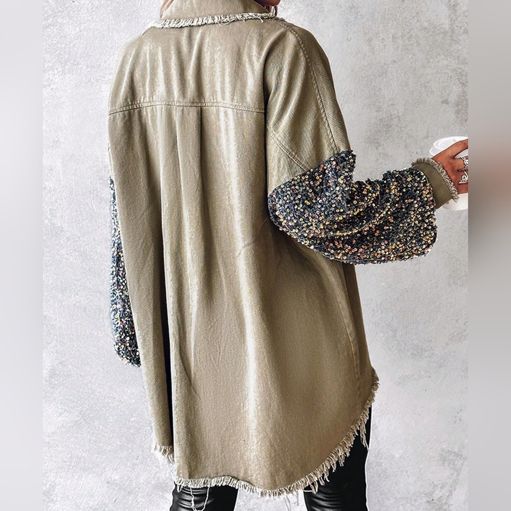 Turn-Down Collar Contrast Sequin Raw Hem Button Front Shacket - Picture 4 of 4